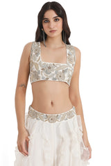 Off-White Embroidered Back Tie-Up Choli And Ruffled Sharara With Dupatta
