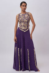Purple Georgette Embroidred Choli And Mukaish Georgette Sharara