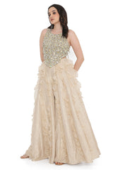 Off White Georgette Embroidered Choli And Gold Tissue Frill Sharara
