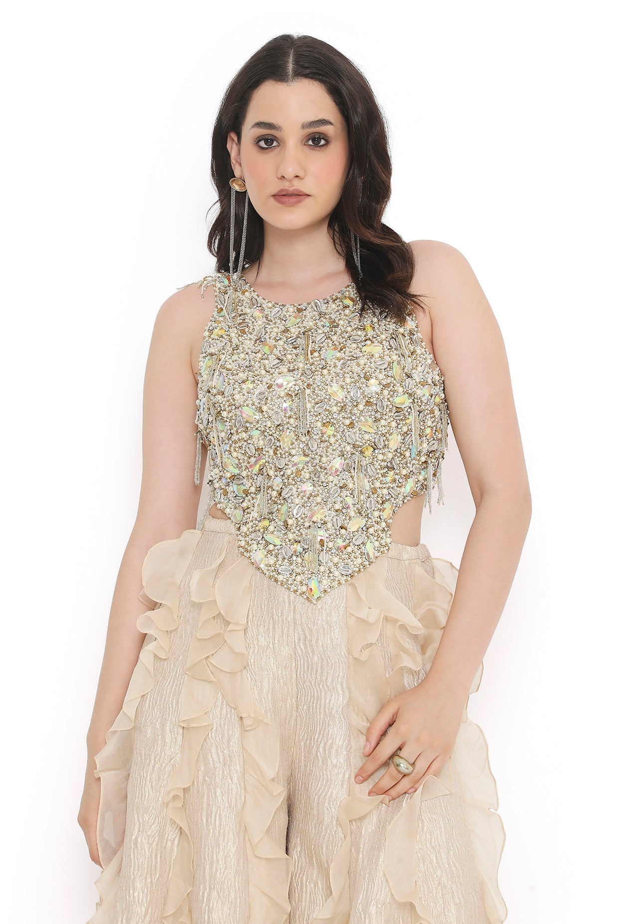 Off White Georgette Embroidered Choli And Gold Tissue Frill Sharara