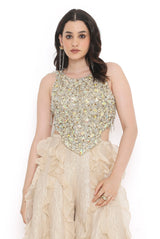 Off White Georgette Embroidered Choli And Gold Tissue Frill Sharara