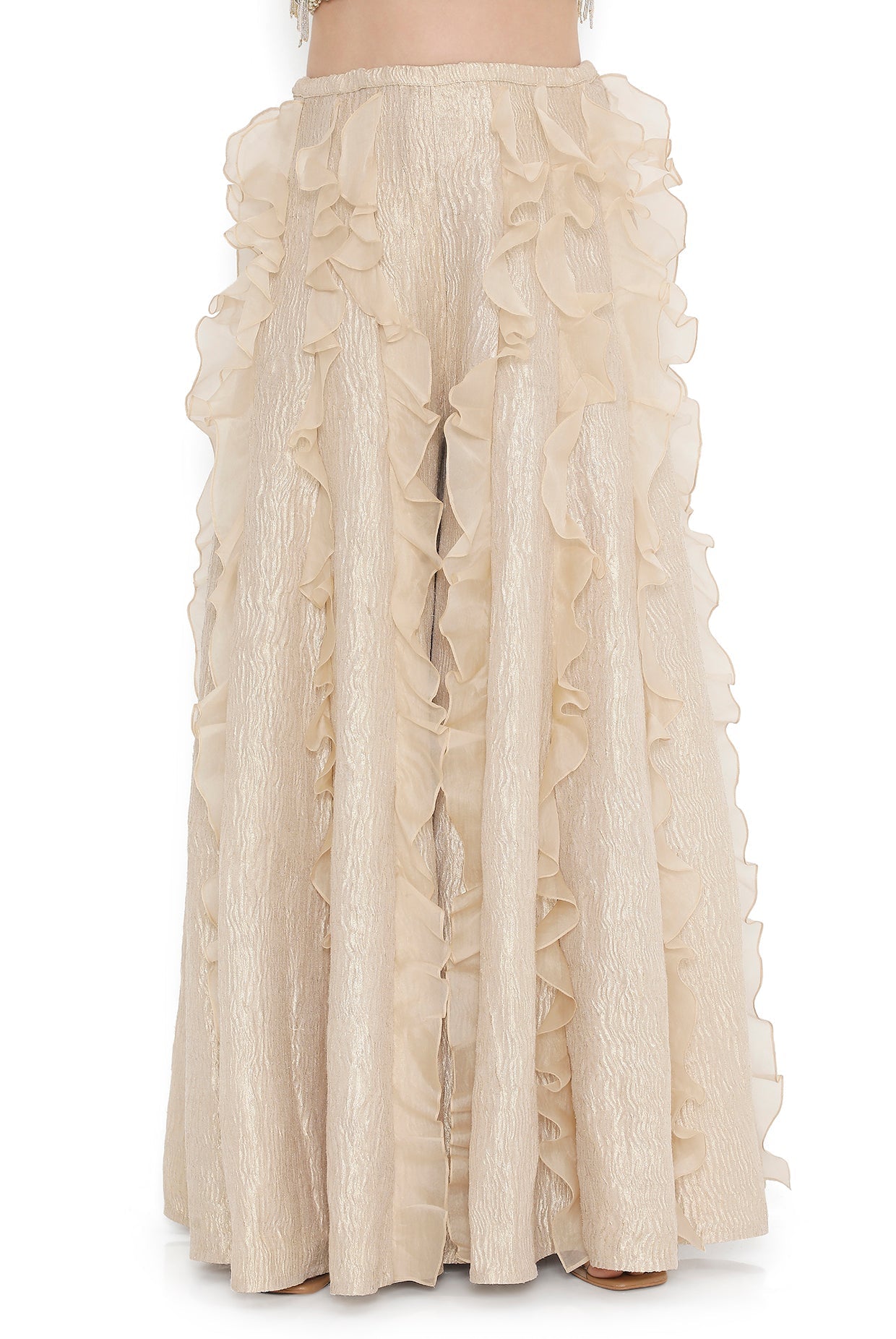 Off White Georgette Embroidered Choli And Gold Tissue Frill Sharara