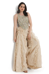 Off White Georgette Embroidered Choli And Gold Tissue Frill Sharara