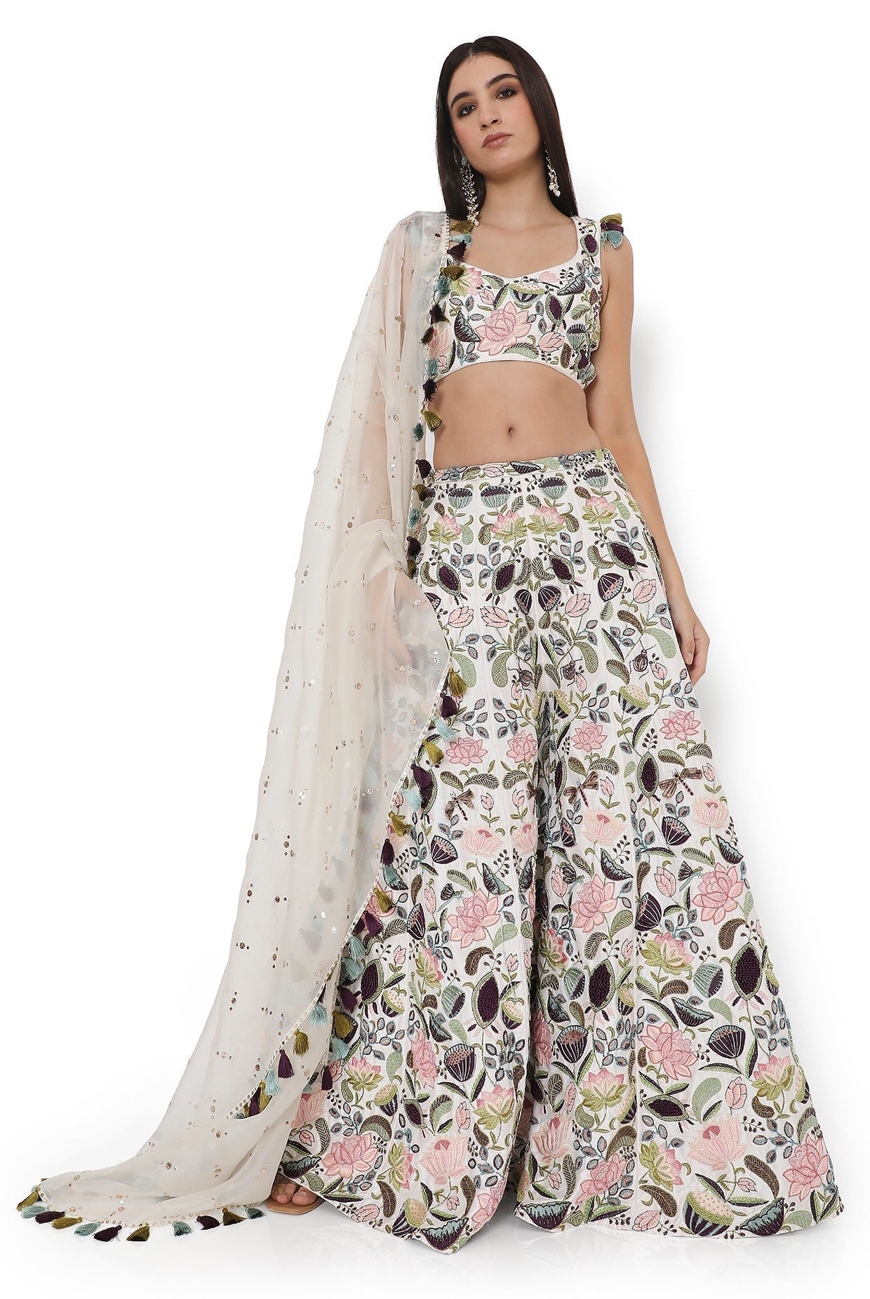 Ivory Lotus Embroidered Choli With Embroidered Sharara With Dupatta