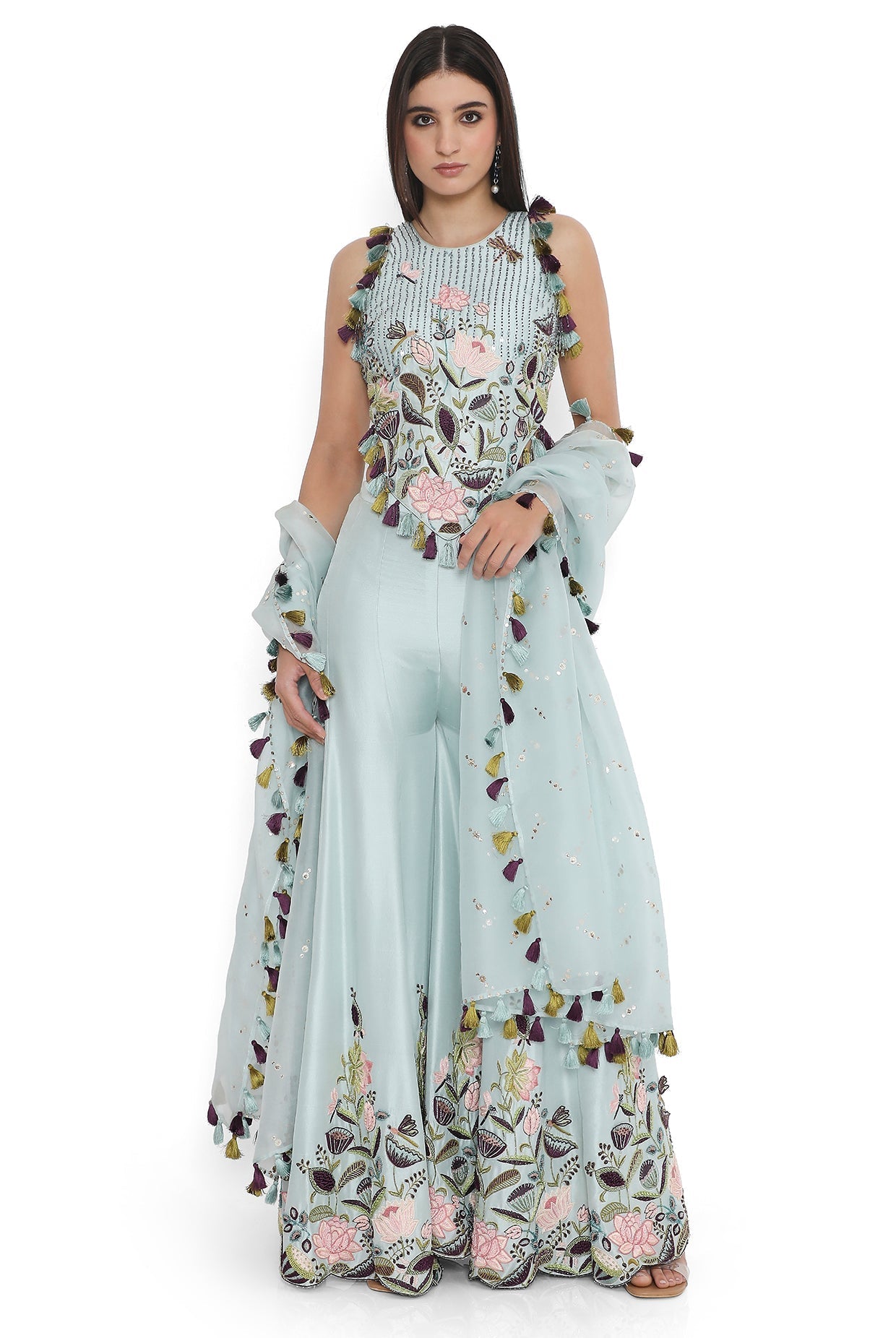 Powder Blue Embroidered Choli And Sharara With Dupatta