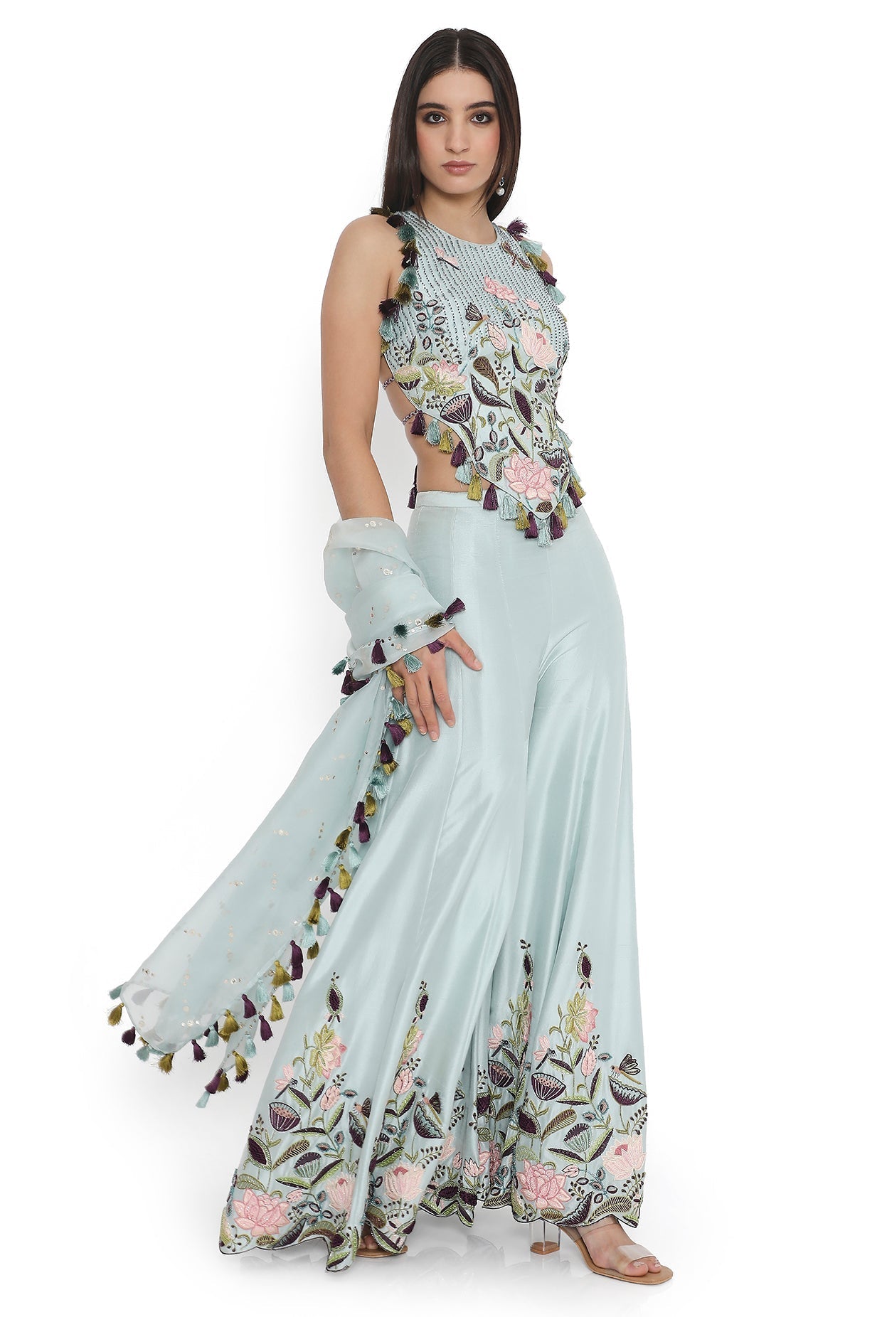 Powder Blue Embroidered Choli And Sharara With Dupatta