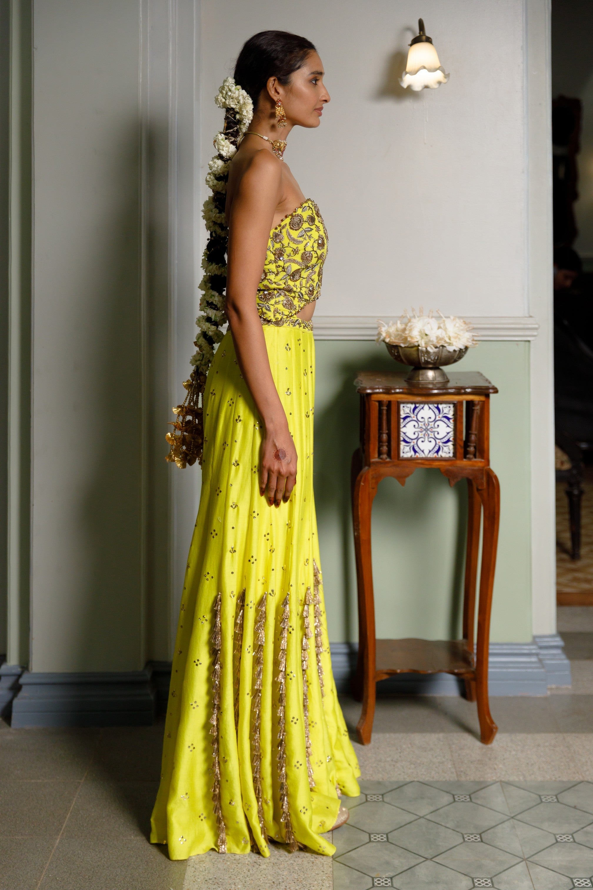 Nissa Lime Yellow Embroidered Choli With Sharara