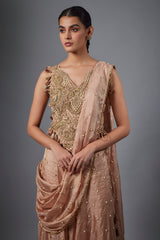 Dull Rose Tissue Embroidered Tissue Choli And Embroidred Sharara With Pallu.
