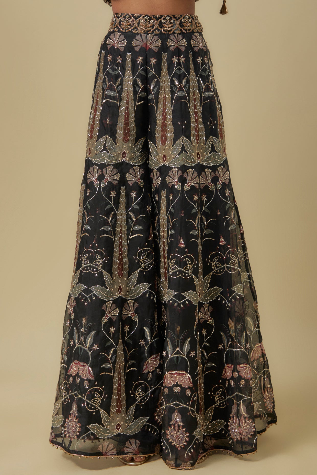 Black Georgette Embroidered Off-Shoulder Corset With Black Forest Whisper Print Organza Lifted Sharara.