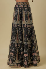 Black Georgette Embroidered Off-Shoulder Corset With Black Forest Whisper Print Organza Lifted Sharara.