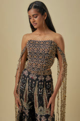 Black Georgette Embroidered Off-Shoulder Corset With Black Forest Whisper Print Organza Lifted Sharara.