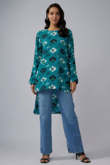 Teal Printed Crepe High Low Tunic