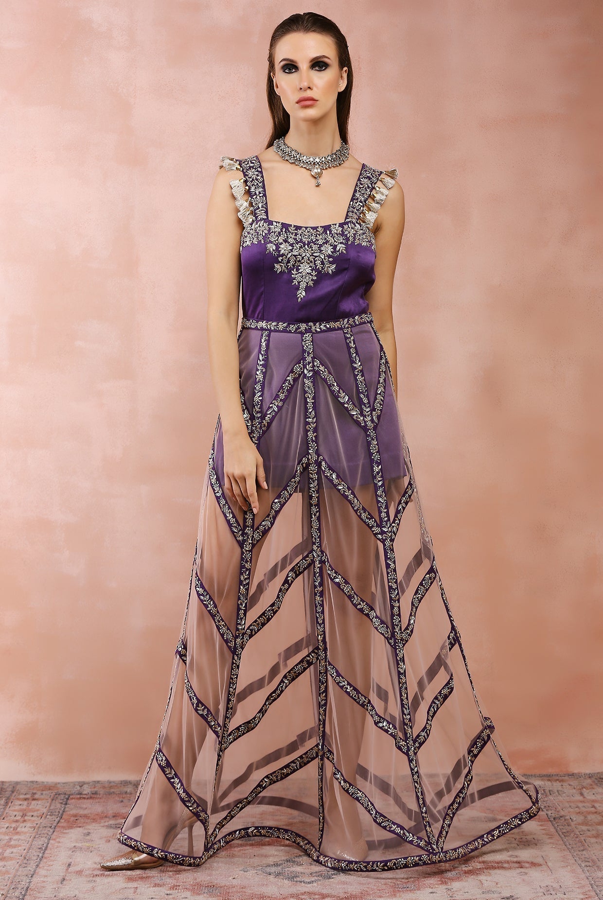 Purple Embroidered Dress With Skirt