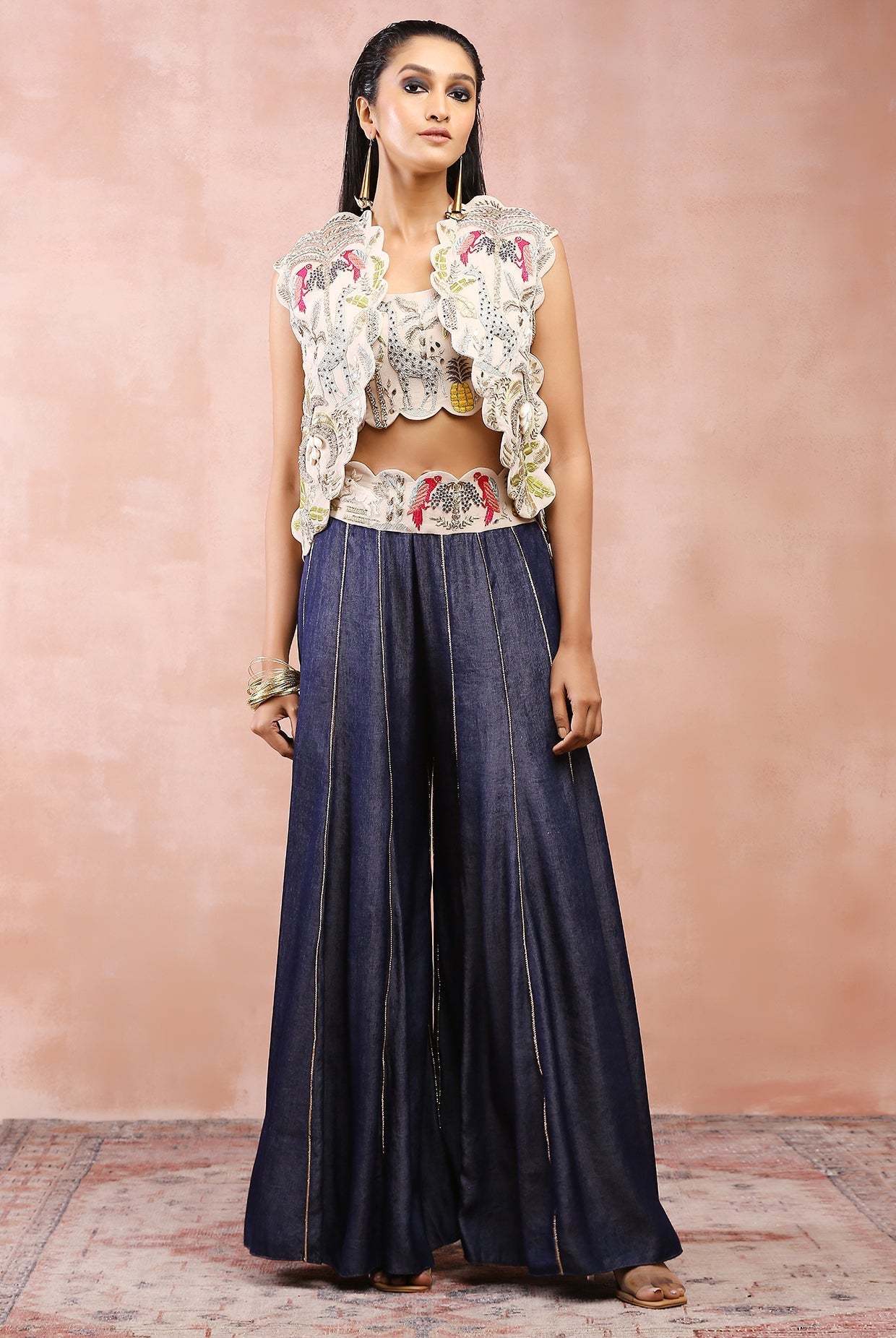 Stone safari embroidered jacket with bustier and sharara with embroidered belt