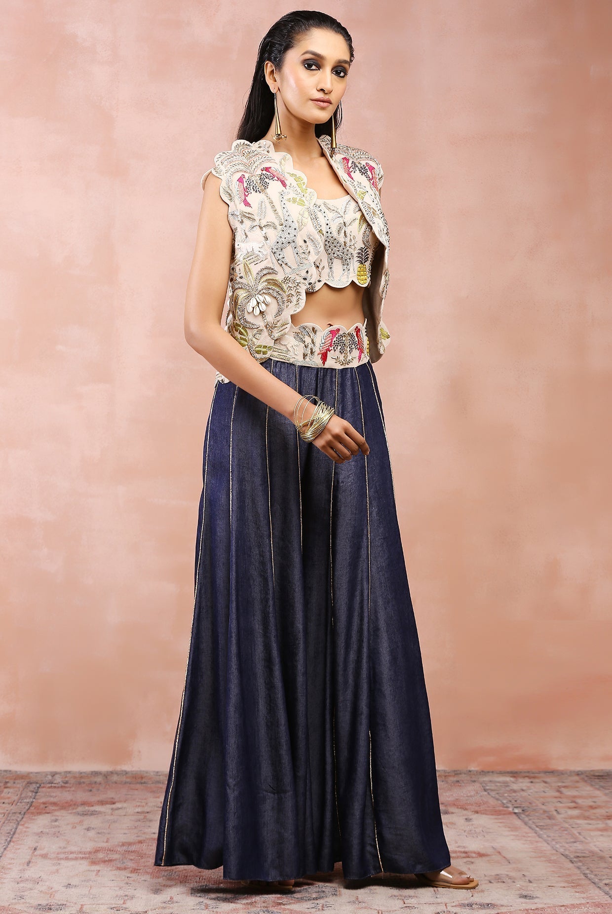 Stone safari embroidered jacket with bustier and sharara with embroidered belt