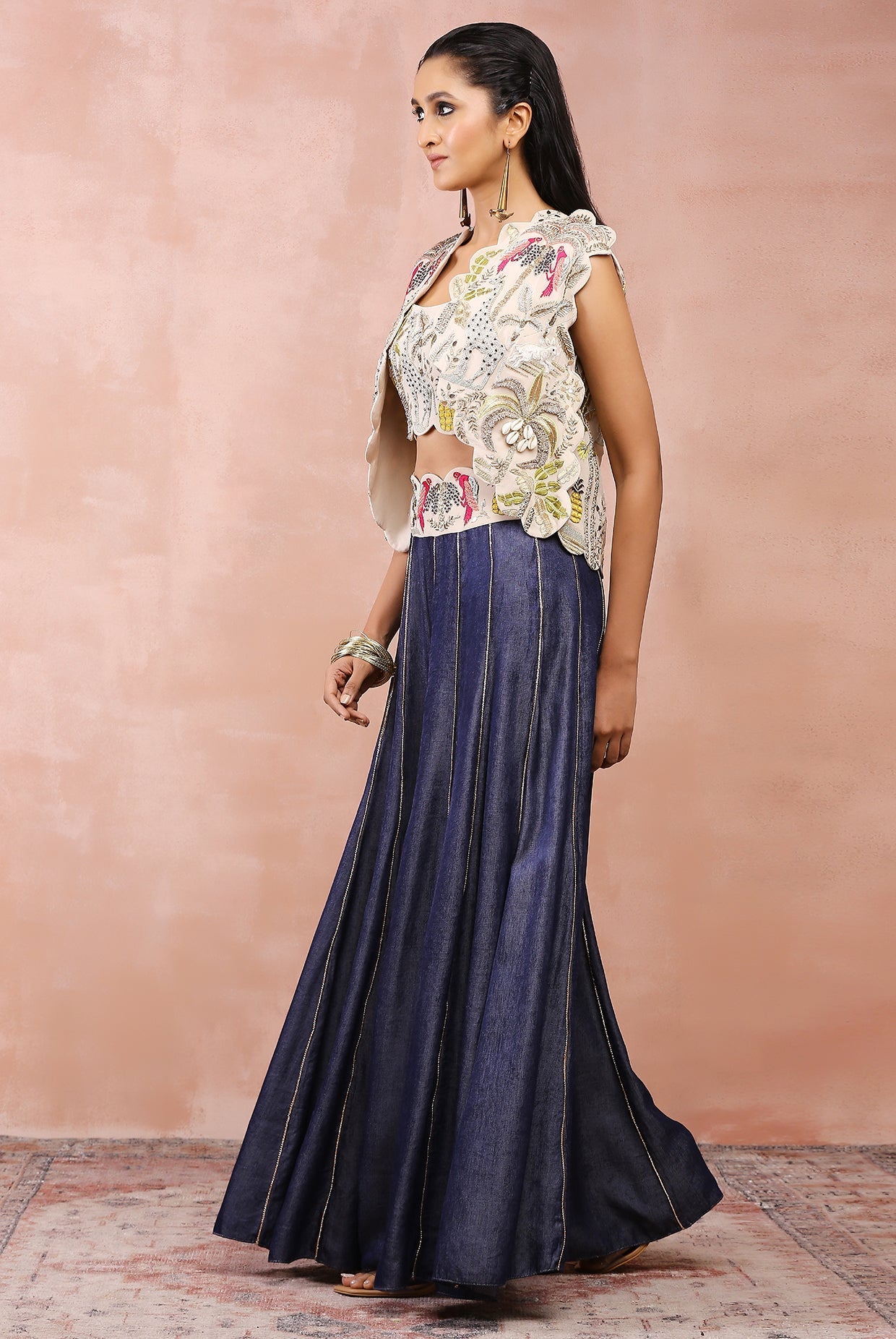 Stone safari embroidered jacket with bustier and sharara with embroidered belt