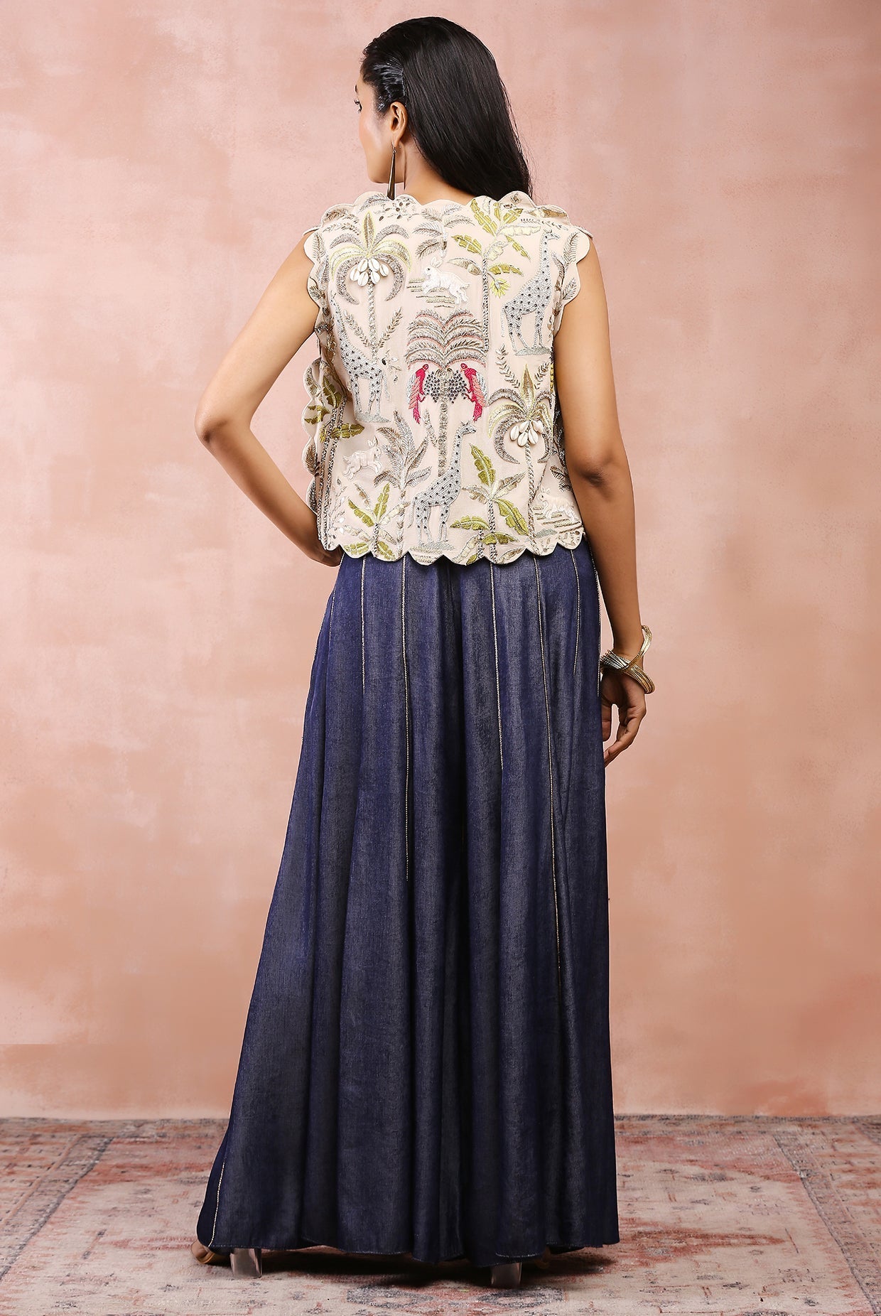 Stone safari embroidered jacket with bustier and sharara with embroidered belt