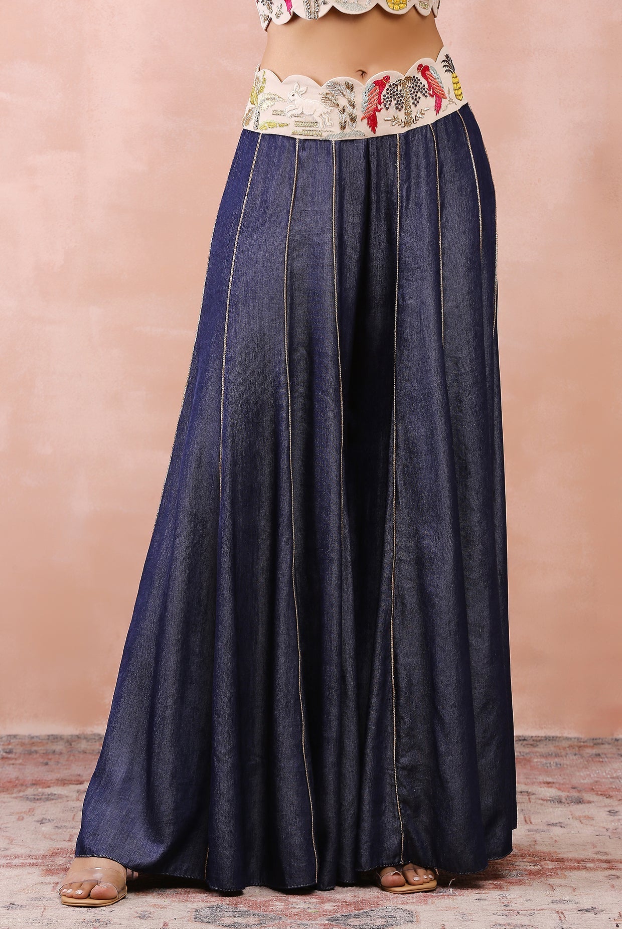 Stone safari embroidered jacket with bustier and sharara with embroidered belt