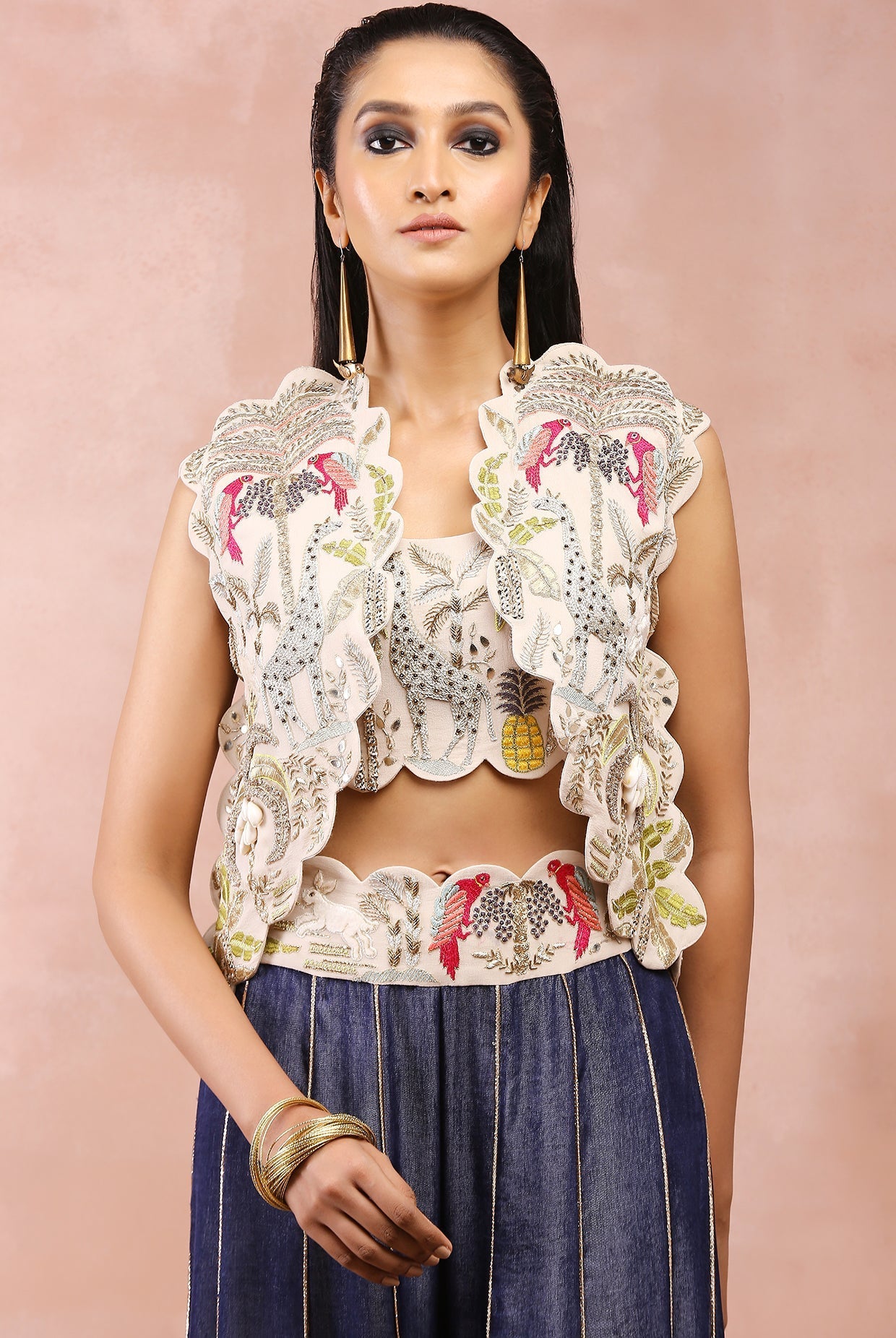 Stone safari embroidered jacket with bustier and sharara with embroidered belt