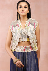 Stone safari embroidered jacket with bustier and sharara with embroidered belt