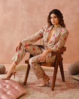 Grey gulbagh print blazer with bustier and pant