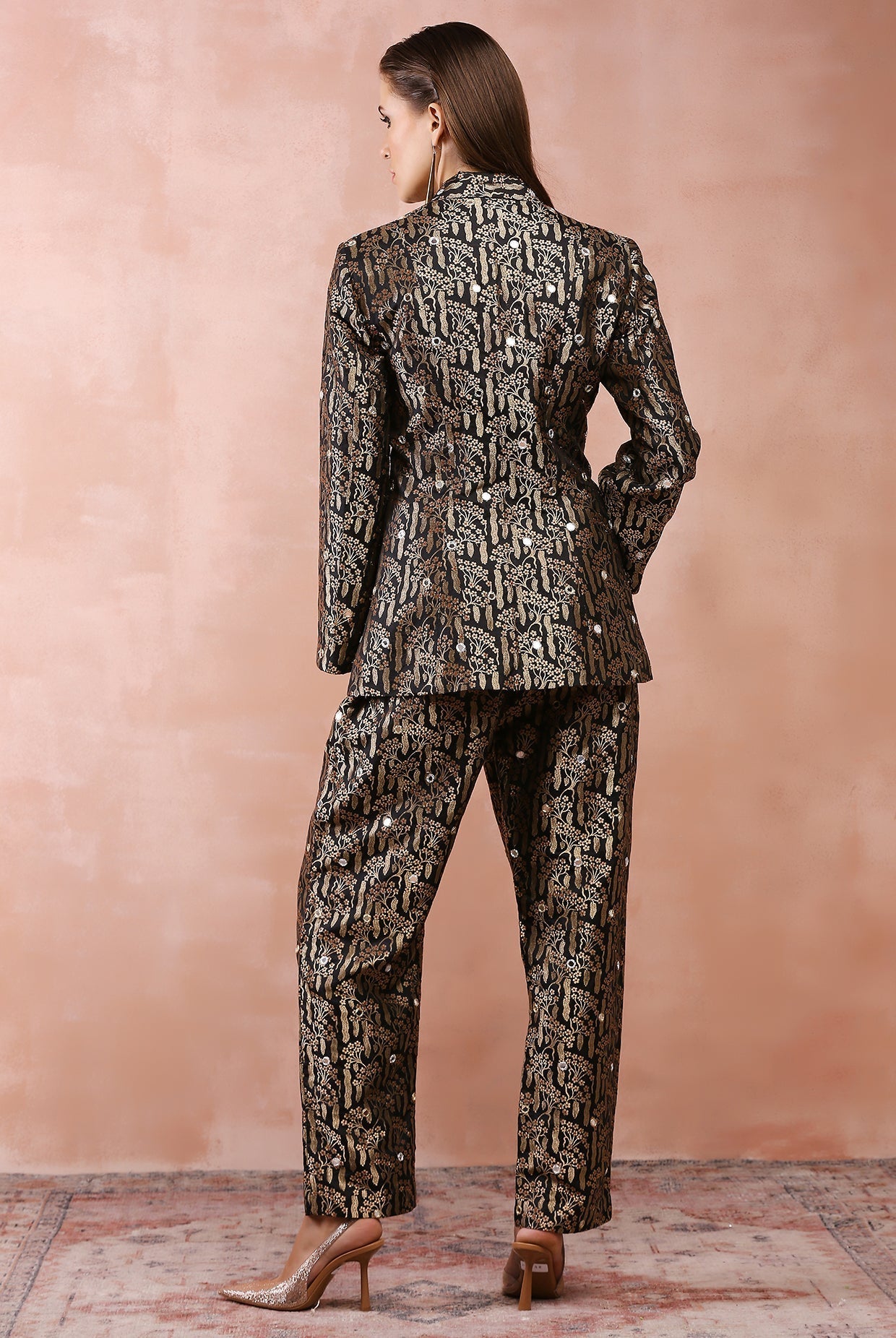 Black embroidered blazer with bustier and pant