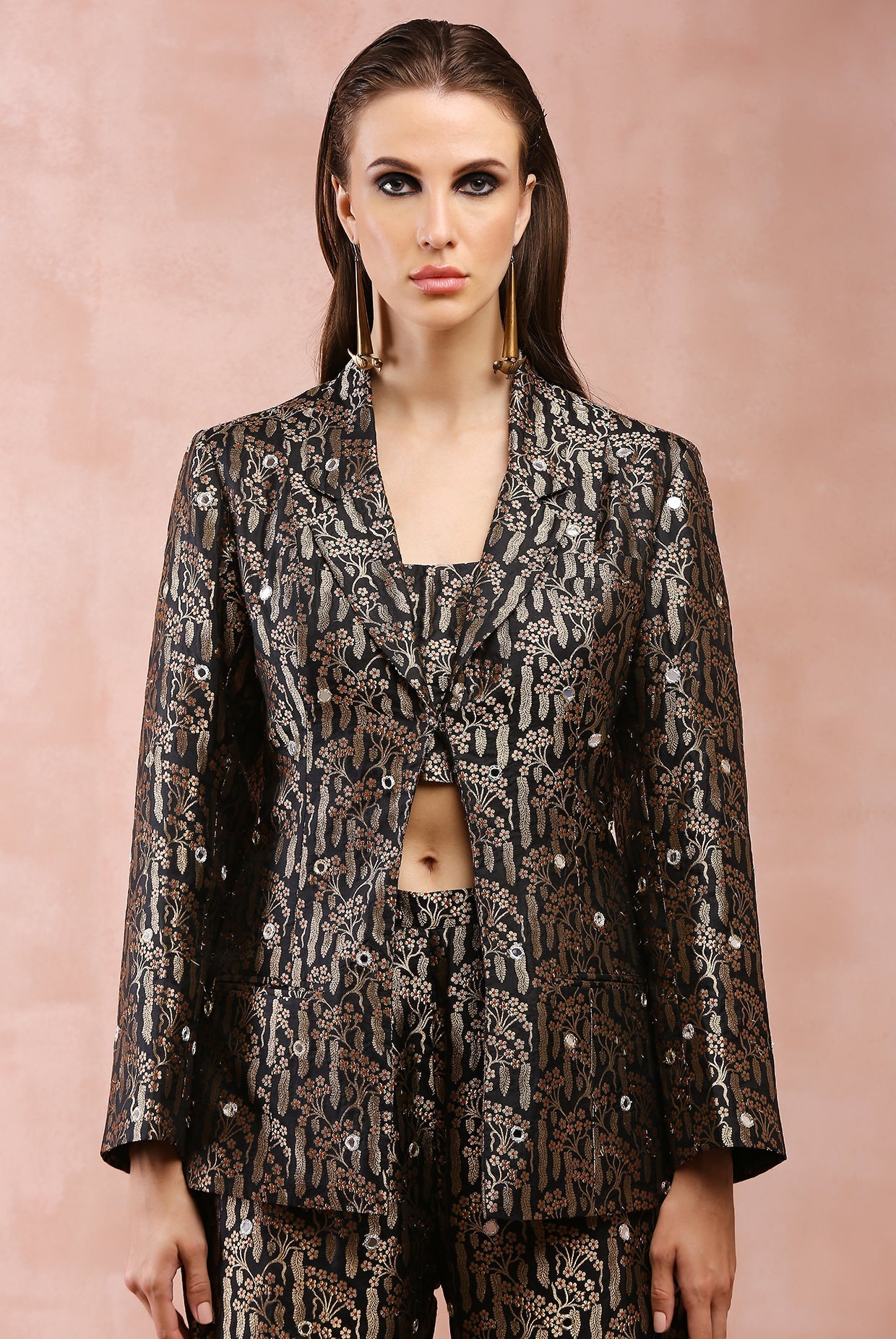 Black embroidered blazer with bustier and pant