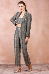 Black embroidered blazer with bustier and pant.