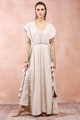Cream jacket with silver tissue bustier and pant.