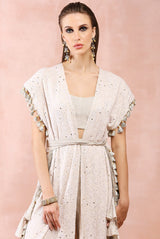 Cream jacket with silver tissue bustier and pant.
