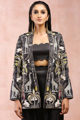Black safari embroidered jacket with bustier and pant