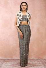DULL GOLD EMBROIDERED JACKET WITH BLACK BROCADE BUSTIER AND SKIRT