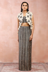 DULL GOLD EMBROIDERED JACKET WITH BLACK BROCADE BUSTIER AND SKIRT