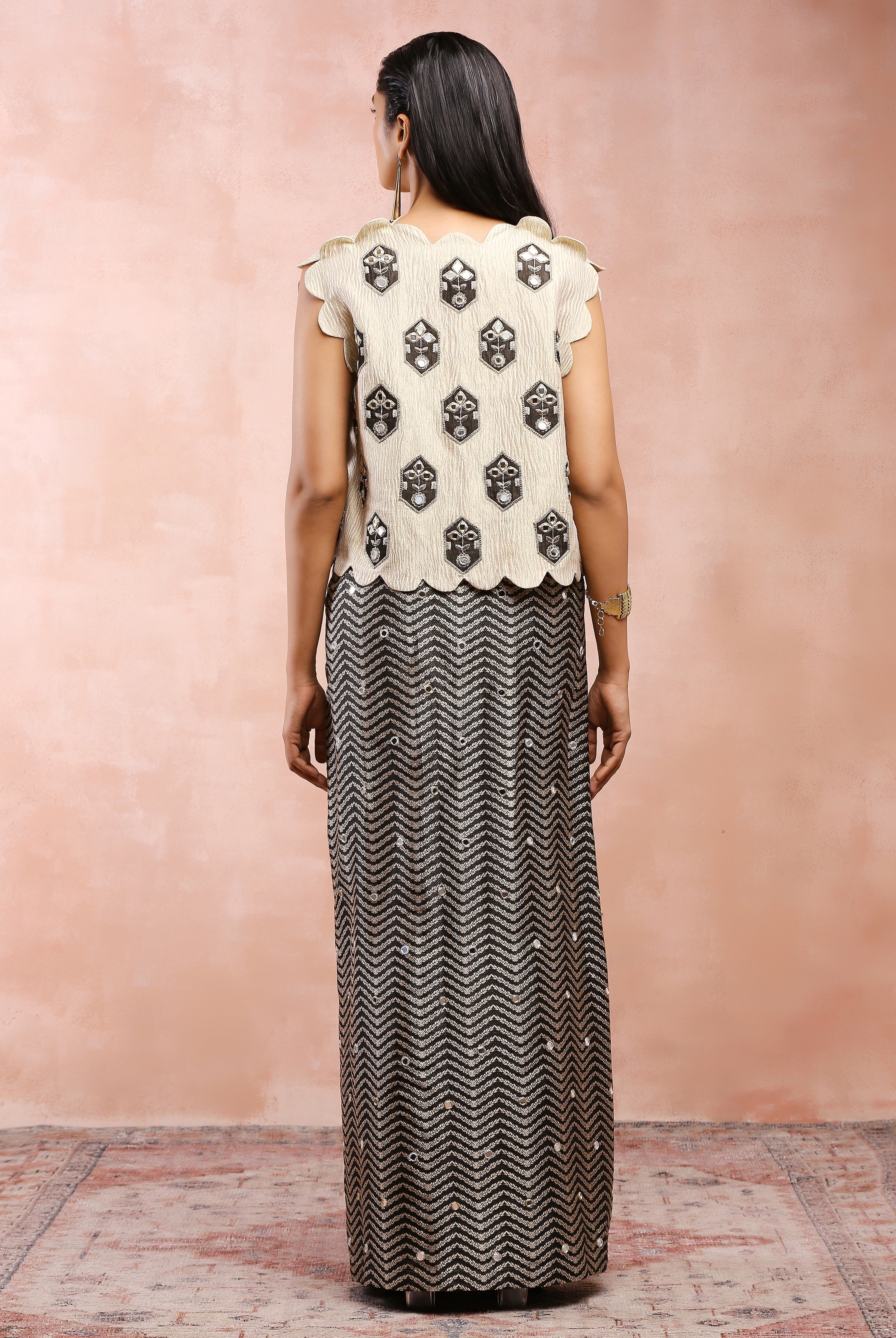 DULL GOLD EMBROIDERED JACKET WITH BLACK BROCADE BUSTIER AND SKIRT
