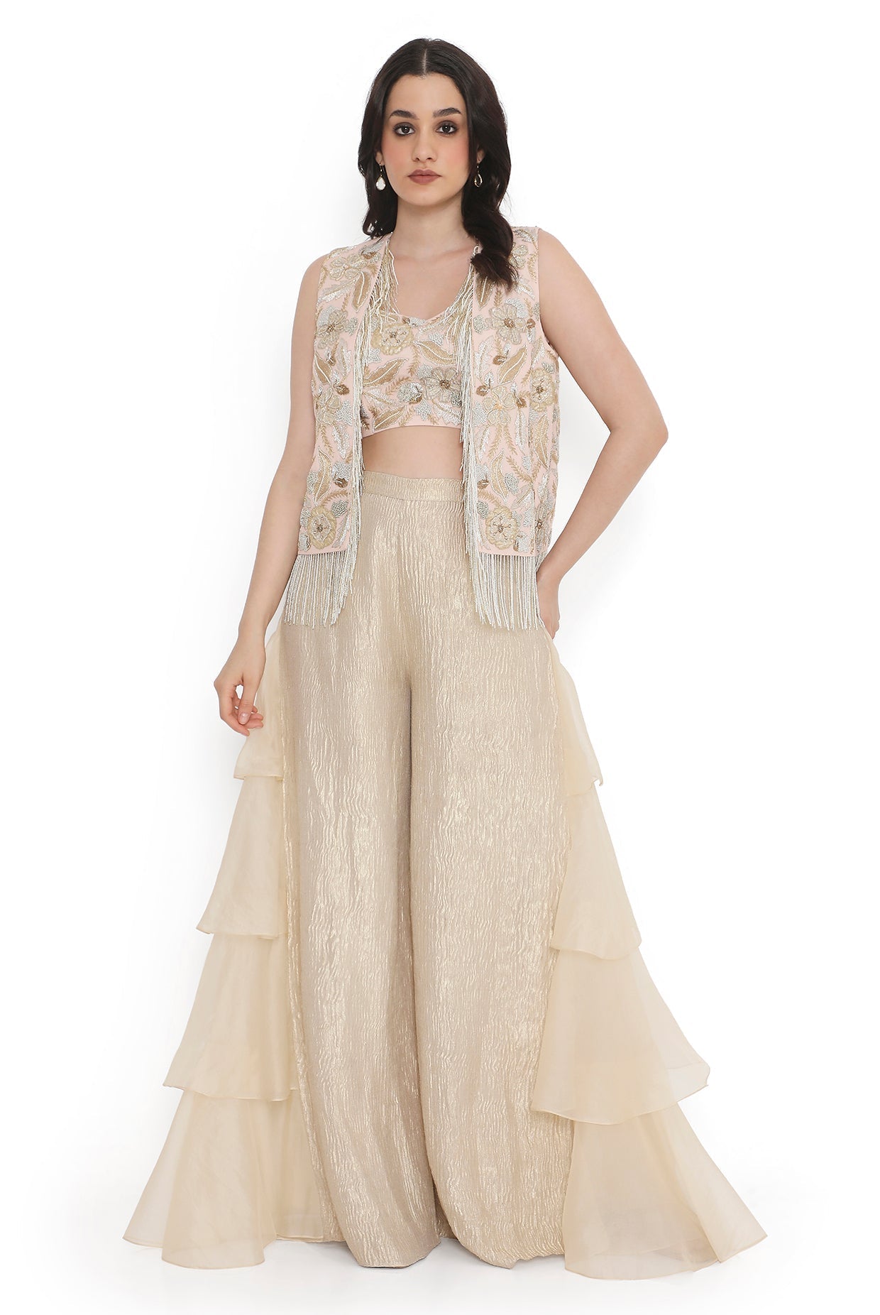 Rose Pink Embroidered Jacket With Embroidered Bustier And Side Ruffled Pant