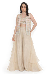 Rose Pink Embroidered Jacket With Embroidered Bustier And Side Ruffled Pant