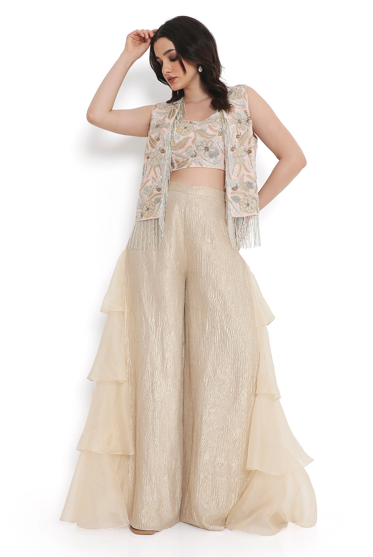 Rose Pink Embroidered Jacket With Embroidered Bustier And Side Ruffled Pant