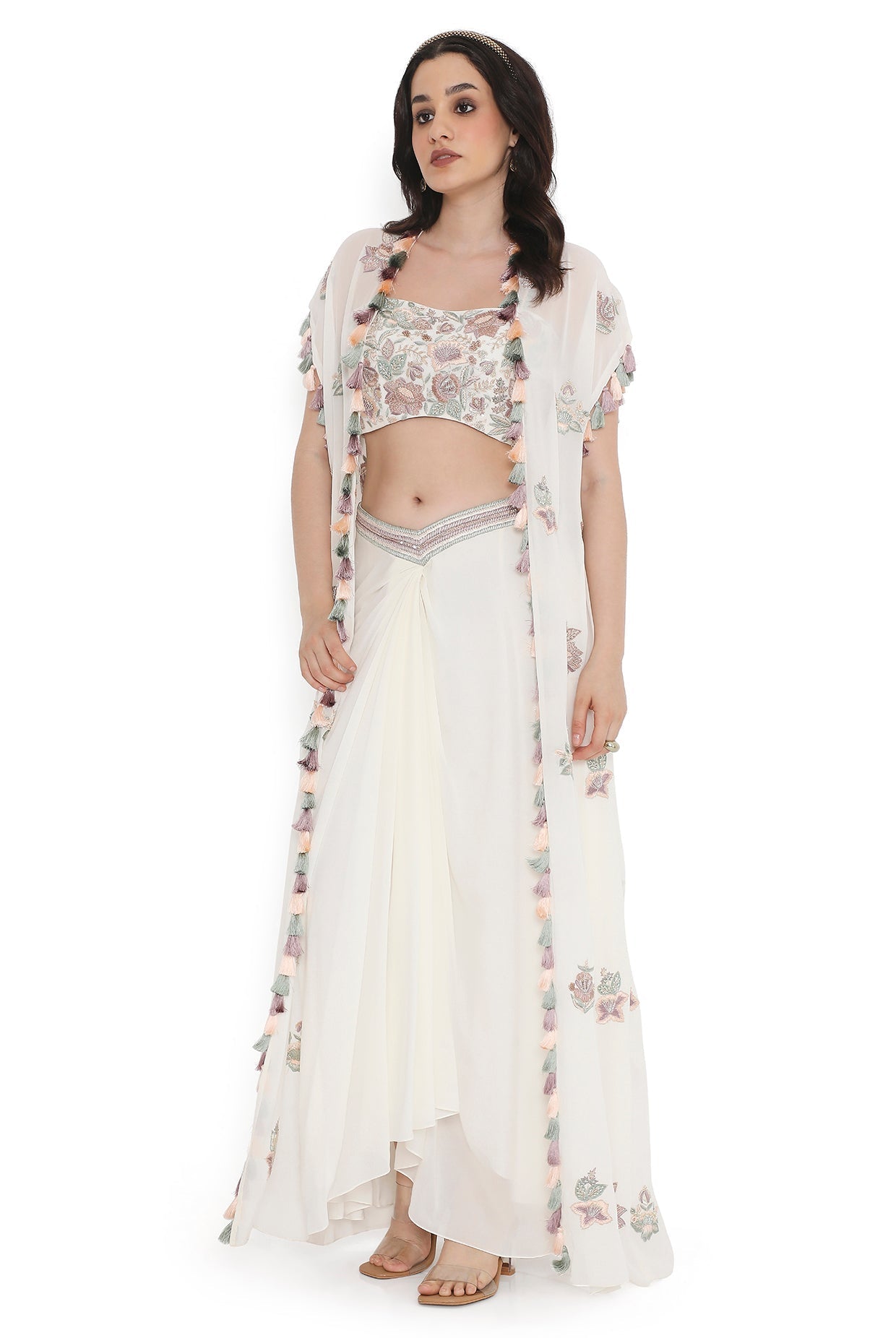 Ivory Embroidered Georgette Bustier With Jacket And Dhoti Skirt