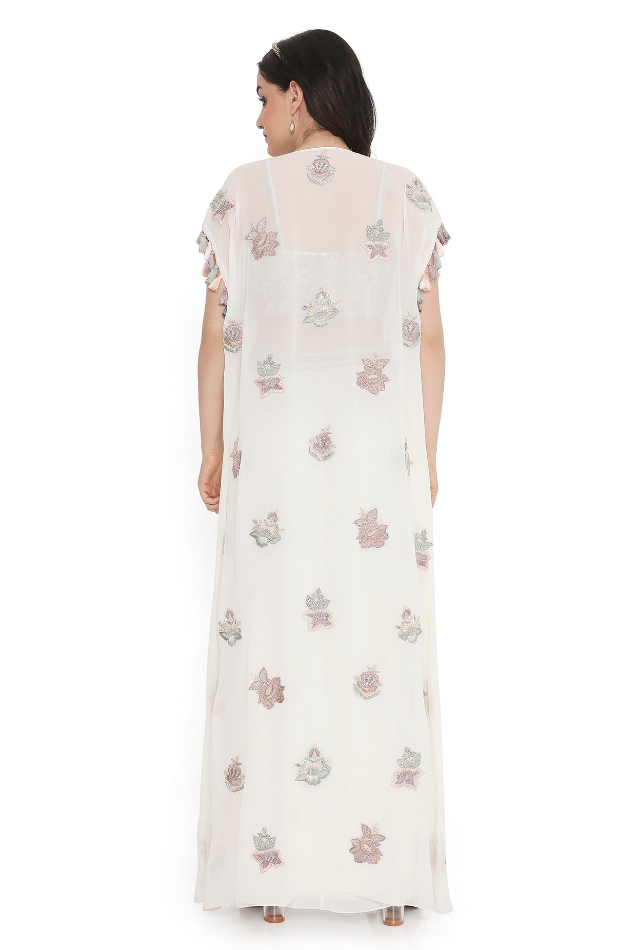 Ivory Embroidered Georgette Bustier With Jacket And Dhoti Skirt