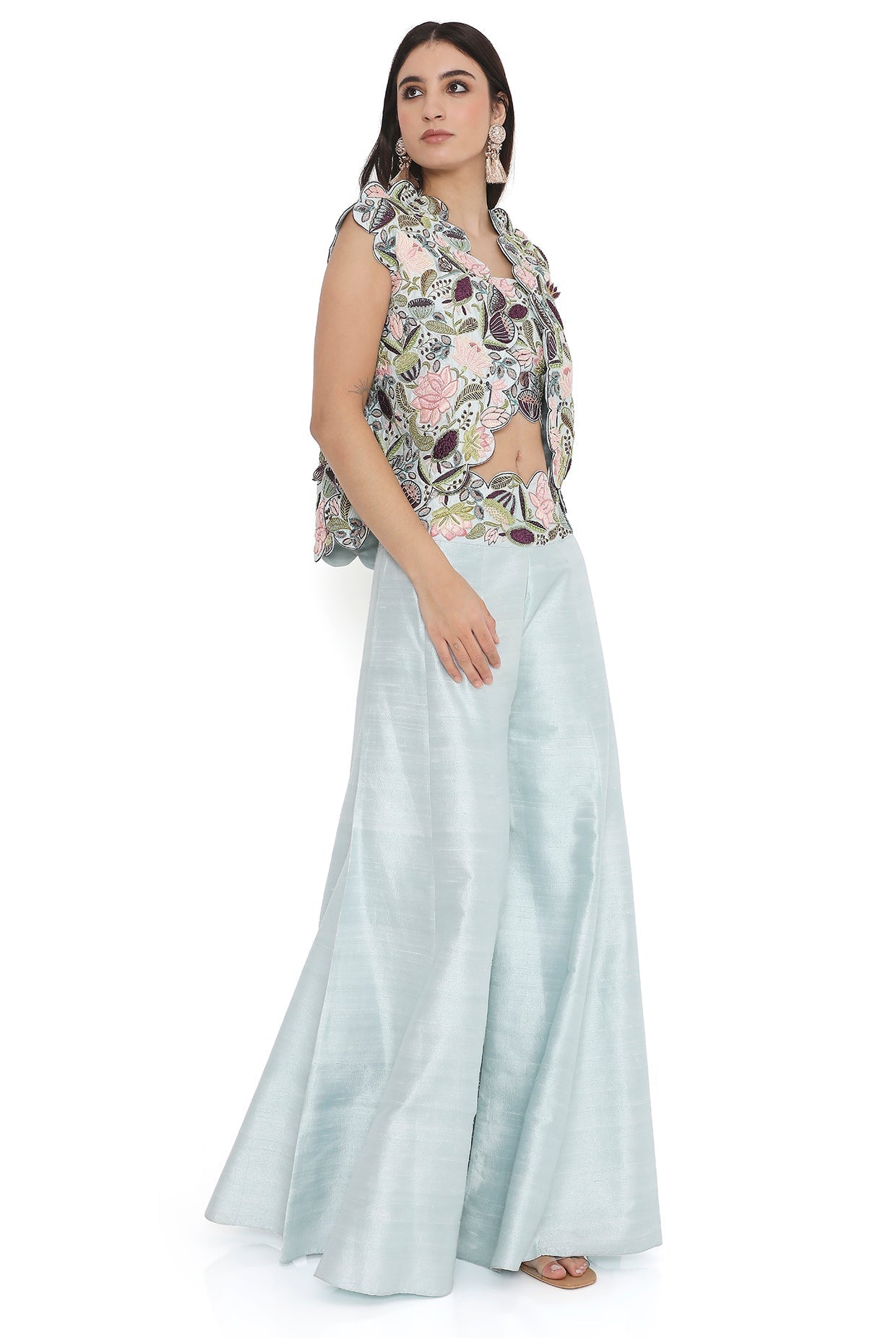 Powder Blue Embroidered Choli And Embroidered Scalloped Jacket With Embroidered Sharara