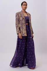 Purple Organza Embroidered Blazer With Embroidered Bustier And Sharara.