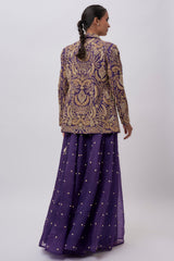 Purple Organza Embroidered Blazer With Embroidered Bustier And Sharara.