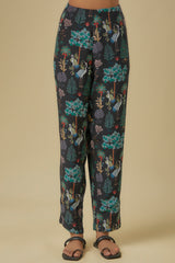 Black Crane Print Lifted Jacket With Plain Bustier And Pants.