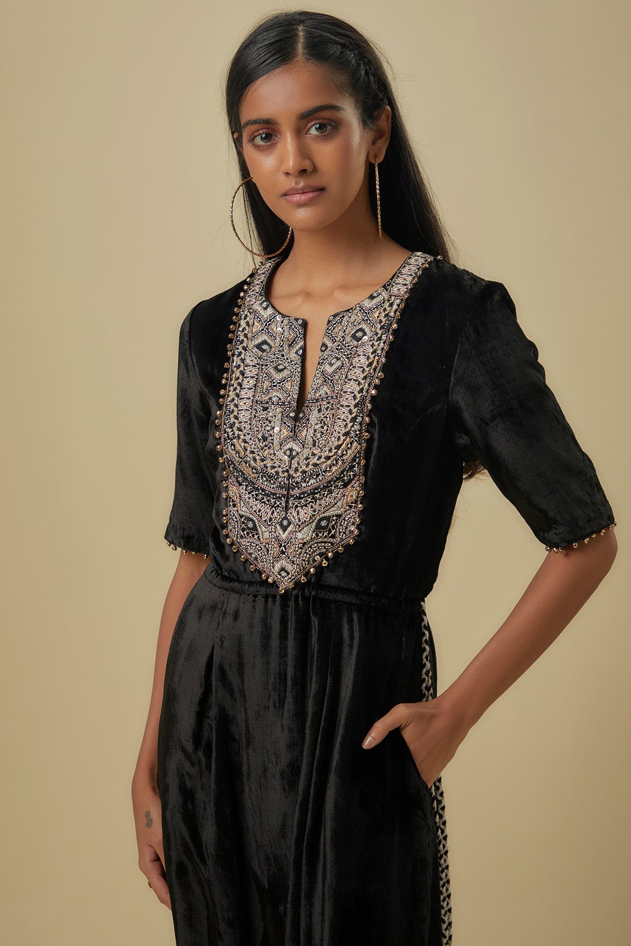 Black Velvet Embroidered Yoke Low Crotch Jumpsuit.