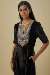Black Velvet Embroidered Yoke Low Crotch Jumpsuit.