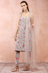 Grey gulbagh print embroidered kurta and churidar with dupatta