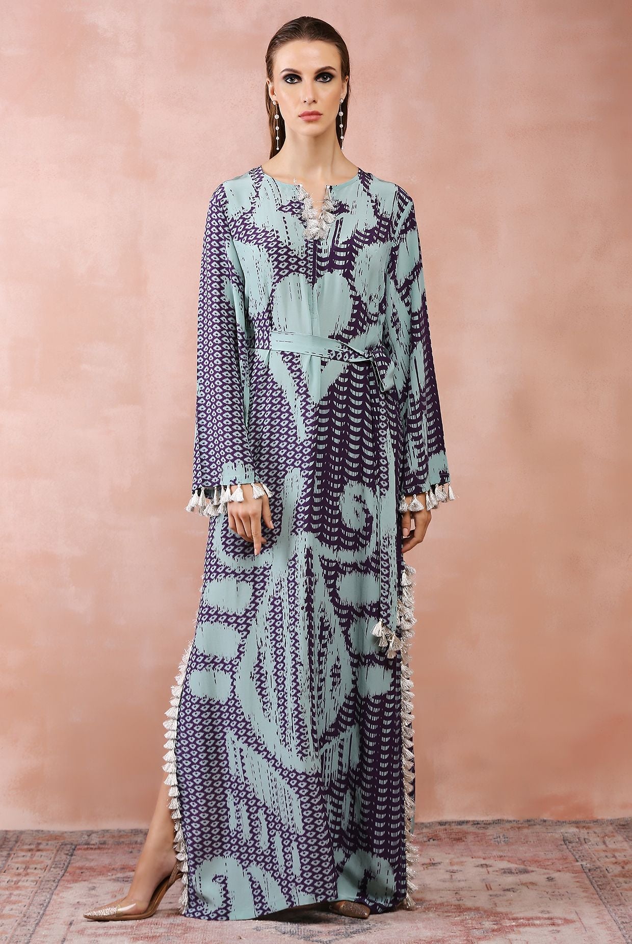 Aqua & purple uzbek print kaftan with belt