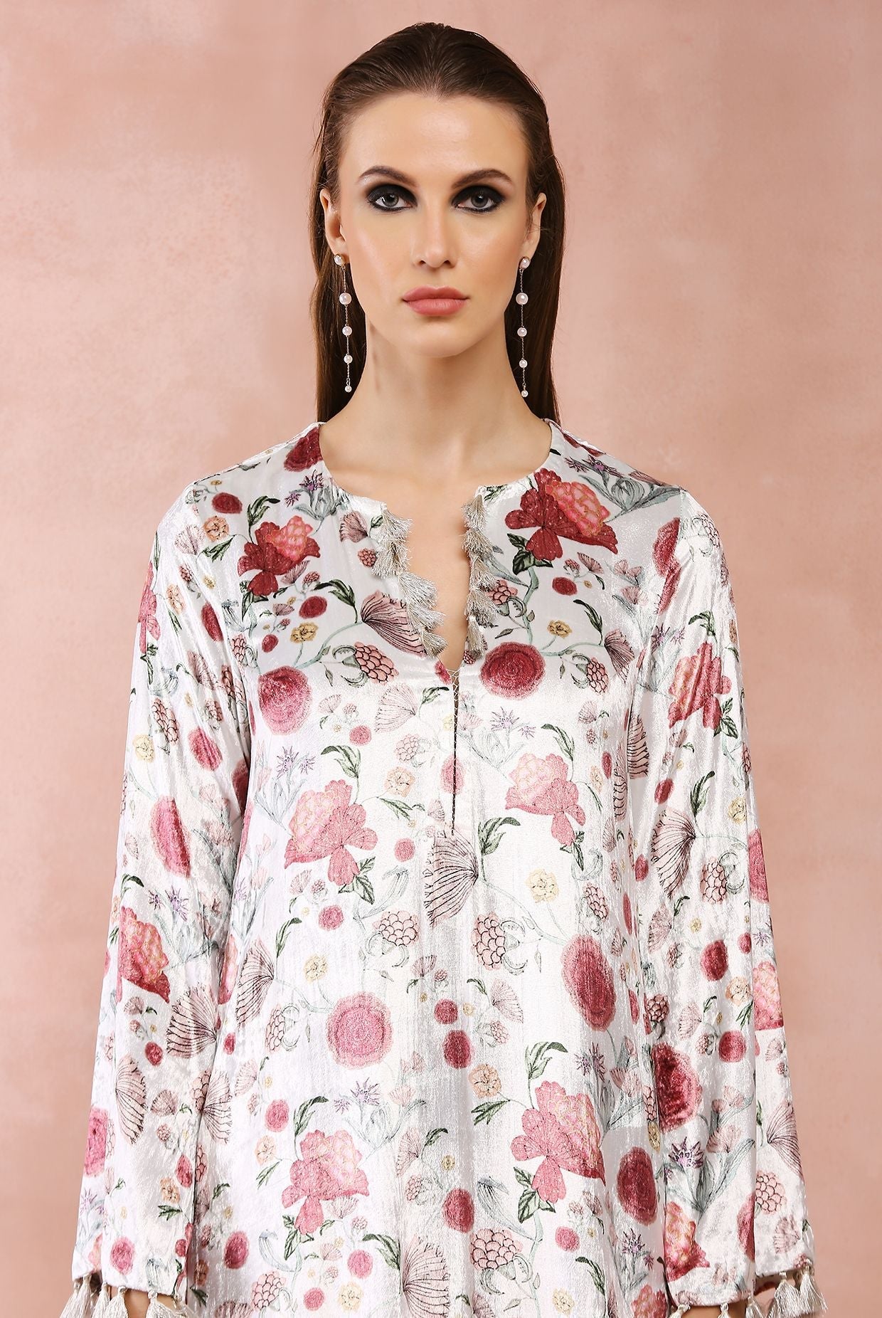 Grey gulbagh print kaftan with belt