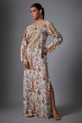 Cream Ochre Forest Whisper Print Embroidered Yoke Beyza Kaftan.