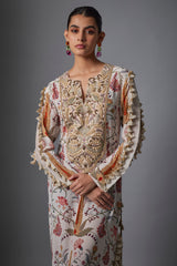 Cream Ochre Forest Whisper Print Embroidered Yoke Beyza Kaftan.